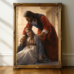 Jesus Helps Mary, Jesus Bible Art, Traditional Catholic Art, Renaissance Art Print, Holy Family Art, Modern Christian Art, Jesus Panting