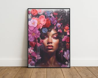 Schwarzer Frauenkopf Blumen Wandkunst/Mädchen Blumen Poster/Blumenfrau Poster/Schwarze Kunst/Schwarze Mädchen Druck/Blumenfrau Malerei/Kopf Blumendekor