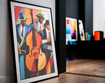Könnte beinhalten: Ein gerahmter Druck einer farbenfrohen abstrakten Illustration von drei Männern, die Jazzmusik spielen. Die Männer tragen Hüte und Anzüge, und einer spielt einen Kontrabass.
