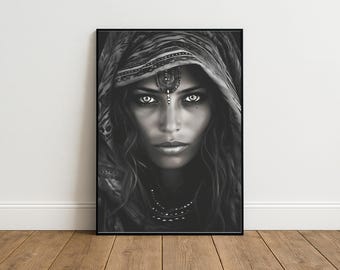 Desi Art, Indian Wall Art, Hindu art, South Indian Art, Beautiful Indian Woman, Brown Girl Portrait, Black And White Print, South Asian Art