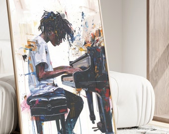 Black Boy Musiker, schwarze Kunst, afroamerikanische Kunst, abstrakte Künstlerwandkunst, Kinderzimmer, Musikzimmer, Spielzimmerplakat, musikalisches Plakat, Kunst