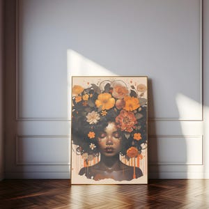 Zwarte vrouw hoofd bloemen kunst aan de muur/meisje bloemen poster/bloem vrouw poster/zwarte kunst/zwart meisje print/bloem vrouw schilderij/hoofd bloem decor afbeelding 5