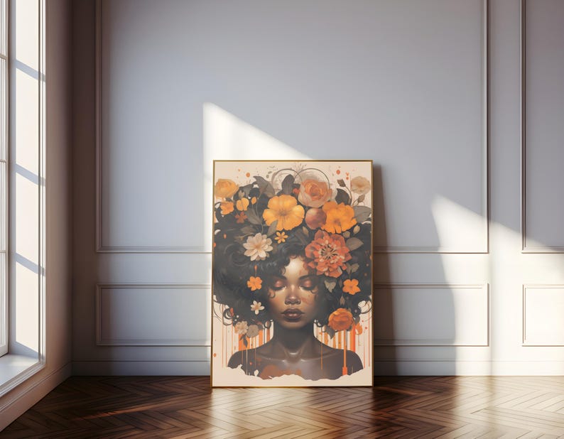 Zwarte vrouw hoofd bloemen kunst aan de muur/meisje bloemen poster/bloem vrouw poster/zwarte kunst/zwart meisje print/bloem vrouw schilderij/hoofd bloem decor afbeelding 5