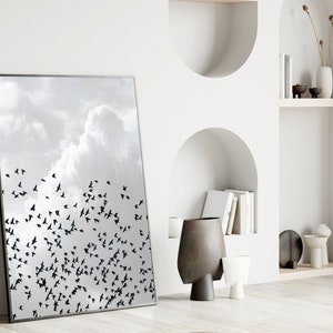 Bandada de pájaros arte de la pared, arte de la pared de la nube, arte de la pared azul, arte índigo, arte de la pared del cielo, impresión de nubes suaves, arte de la pared de la naturaleza, decoración del vivero, arte