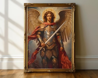 Pintura antigua de arcángeles, lámina de arte católico, arte católico tradicional, arte cristiano moderno, San Miguel Arcángel, arte renacentista.