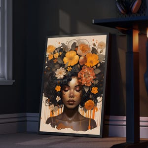 Zwarte vrouw hoofd bloemen kunst aan de muur/meisje bloemen poster/bloem vrouw poster/zwarte kunst/zwart meisje print/bloem vrouw schilderij/hoofd bloem decor afbeelding 6