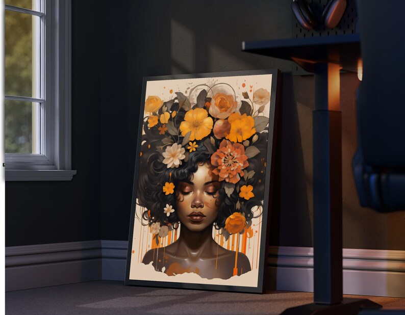 Zwarte vrouw hoofd bloemen kunst aan de muur/meisje bloemen poster/bloem vrouw poster/zwarte kunst/zwart meisje print/bloem vrouw schilderij/hoofd bloem decor afbeelding 6