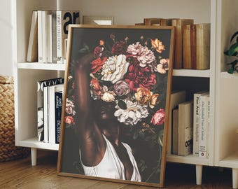 Schwarze Frau Kunst, Vintage Blumenkopf Kunst, Afroamerikaner Kunst, Schwarzes Mädchen Magische Kunst, Vintage Kunst, Dunkle Academia Kunst, Dunkle Cottagecore Kunst
