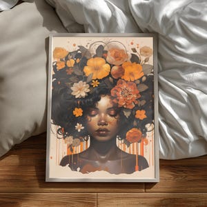 Zwarte vrouw hoofd bloemen kunst aan de muur/meisje bloemen poster/bloem vrouw poster/zwarte kunst/zwart meisje print/bloem vrouw schilderij/hoofd bloem decor afbeelding 8