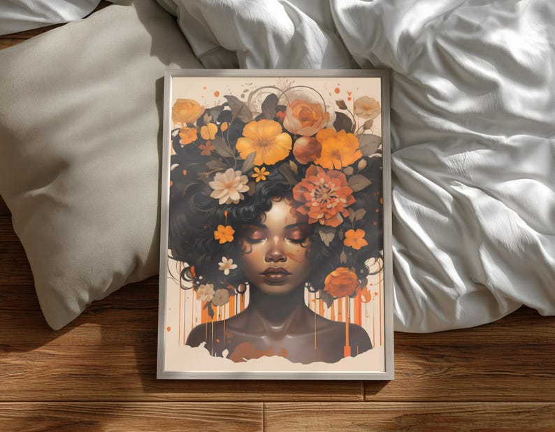 Zwarte vrouw hoofd bloemen kunst aan de muur/meisje bloemen poster/bloem vrouw poster/zwarte kunst/zwart meisje print/bloem vrouw schilderij/hoofd bloem decor afbeelding 8