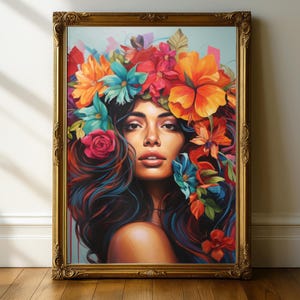 DIY/Latina Poderosa Art Print/Latina Art/Chicano Art/Flower Head Woman Art/Latino Heritage Month Art/Latin American Poster/Maximal Decor/Art