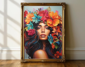 DIY/Latina Poderosa Art Print/Latina Art/Chicano Art/Flower Head Woman Art/Latino Heritage Month Art/Latin American Poster/Maximal Decor/Art
