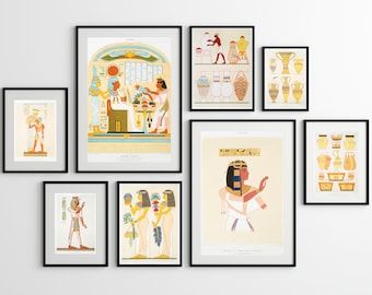May include: A collection of framed vintage illustrations depicting ancient Egyptian art and artifacts. The illustrations feature hieroglyphics, vases, and figures in traditional Egyptian clothing.