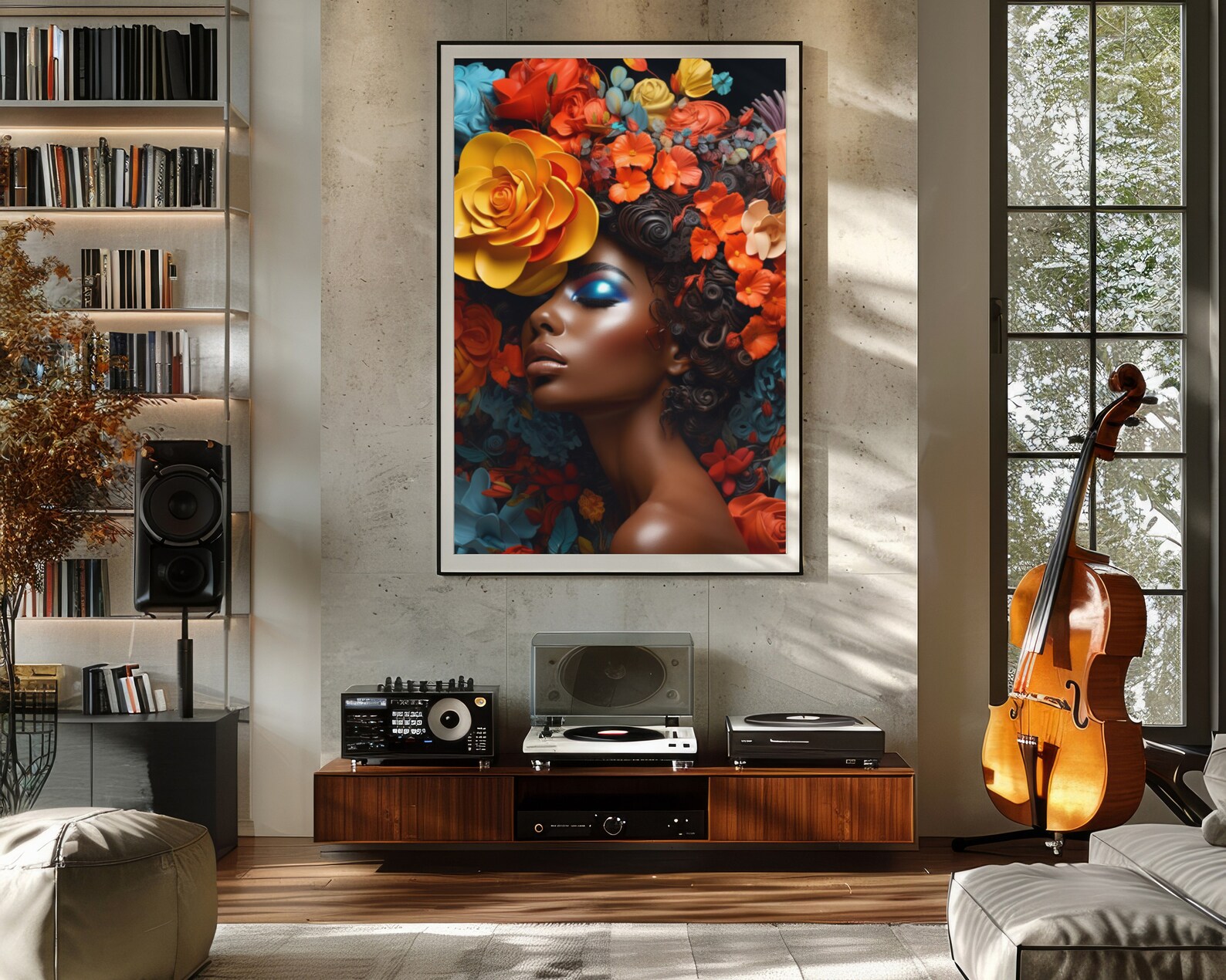 Black Queen Flower Hair Art, White Pink Rose Flower Girl Head Wall Art ...