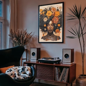 Zwarte vrouw hoofd bloemen kunst aan de muur/meisje bloemen poster/bloem vrouw poster/zwarte kunst/zwart meisje print/bloem vrouw schilderij/hoofd bloem decor afbeelding 1