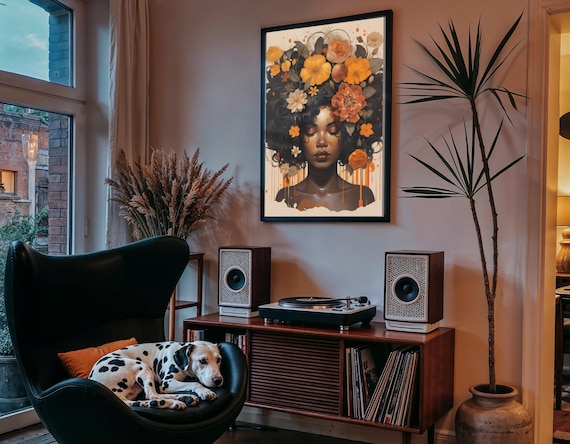 Black Woman Head Flowers Wall Art/Girl Flowers Poster/Flower Woman Poster/Black Art/Black Girl Print/Flower Woman Painting/Head Flower Decor