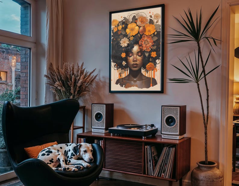 Zwarte vrouw hoofd bloemen kunst aan de muur/meisje bloemen poster/bloem vrouw poster/zwarte kunst/zwart meisje print/bloem vrouw schilderij/hoofd bloem decor afbeelding 1