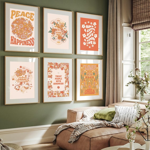 Groovy Affirmation Art, Funky Wall Art Print, Set of 6, Retro