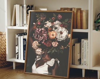 Schwarze Frau Kunst, Blumenkopf Kunst, afroamerikanische Kunst, schwarze Mädchenmagie Kunst, Frauenporträt, afrikanische Wandkunst, moderne Wandkunst, Blumenkunst