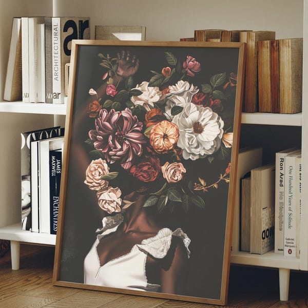 Black Woman Art, Flower Head Art, African American Art, Black Girl Magic Art, Woman Portrait, African Wall Art, Modern Wall Art, Floral Art