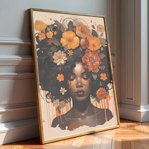 Zwarte vrouw hoofd bloemen kunst aan de muur/meisje bloemen poster/bloem vrouw poster/zwarte kunst/zwart meisje print/bloem vrouw schilderij/hoofd bloem decor afbeelding 9