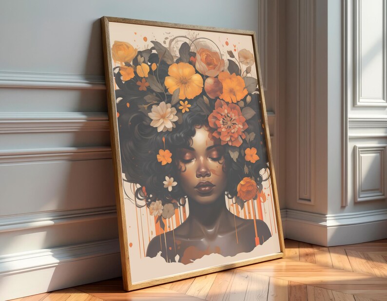 Zwarte vrouw hoofd bloemen kunst aan de muur/meisje bloemen poster/bloem vrouw poster/zwarte kunst/zwart meisje print/bloem vrouw schilderij/hoofd bloem decor afbeelding 9