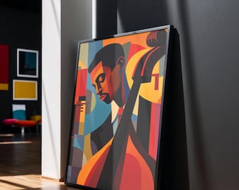 May include: A framed poster with a colorful abstract illustration of a person playing a double bass. The person is depicted in a dark blue suit with a red tie, and the double bass is red, orange, and yellow. The background is a mix of blue, yellow, and red.