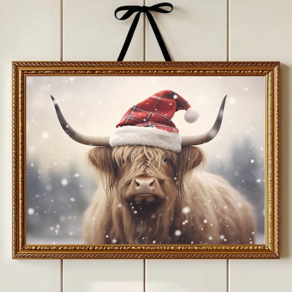 Highland Cow, Christmas Wall Art, Highland Cow Decor, Animal Prints, Holiday Decor, Highland Cow Prints, Farmhouse Decor, Rustic Decor, Art
