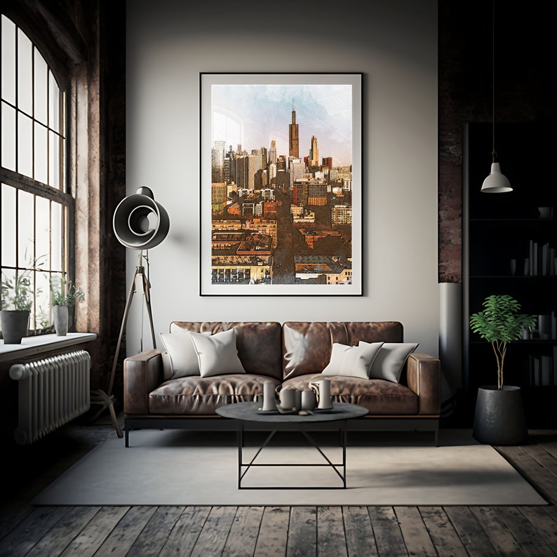 Pencil Sketch Downtown Chicago, Chicago Poster Print, Chicago Wall Art, Chicago Illinois Travel