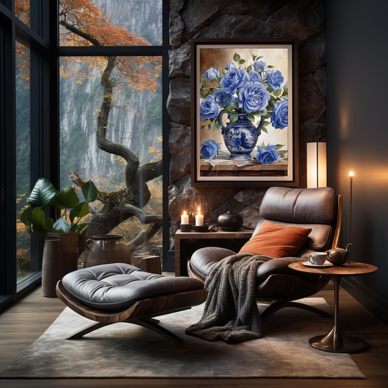 Vintage Blue Flower Vase Wall Art, Blue Flower Vase Wall Decor, Living