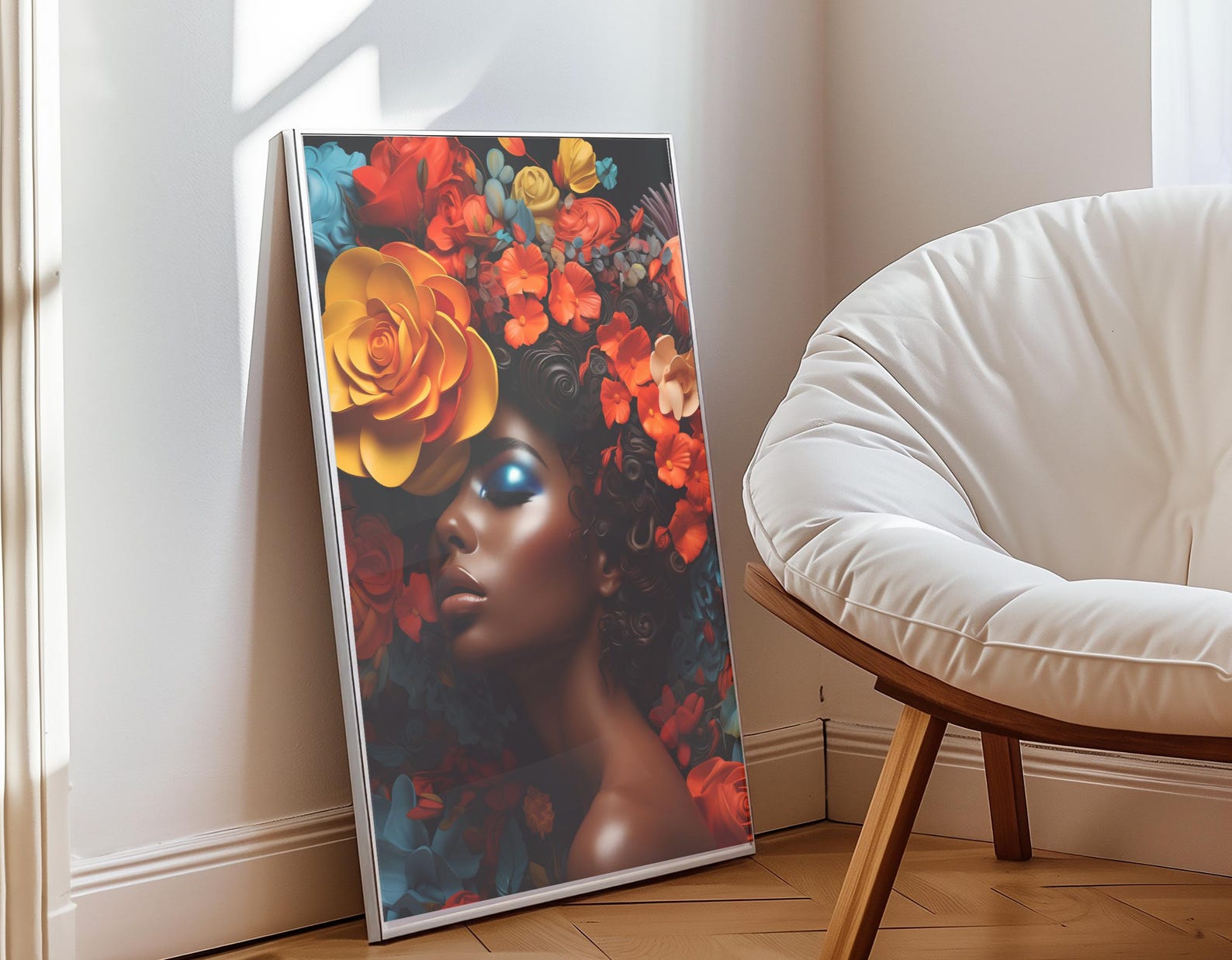 Black Queen Flower Hair Art, White Pink Rose Flower Girl Head Wall Art ...
