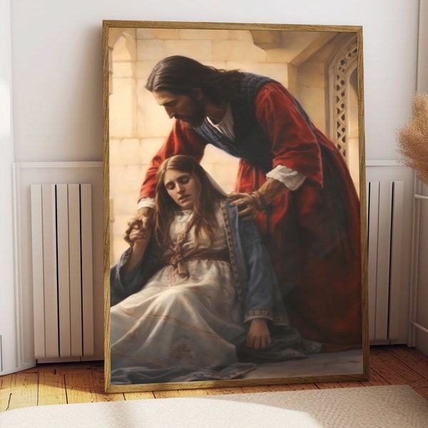 Jesus Heals Mary, Jesus Bible Art, Traditional Catholic Art, Renaissance Art Print, Holy Family Art, Modern Christian Art, Jesus Panting