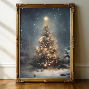 Verschneiter Baum, Urlaub zu Hause Décor: Rustikaler Winter Weihnachtsbaum Druck, Vintage Weihnachtsbild, Verschneiter Cottagecore Print