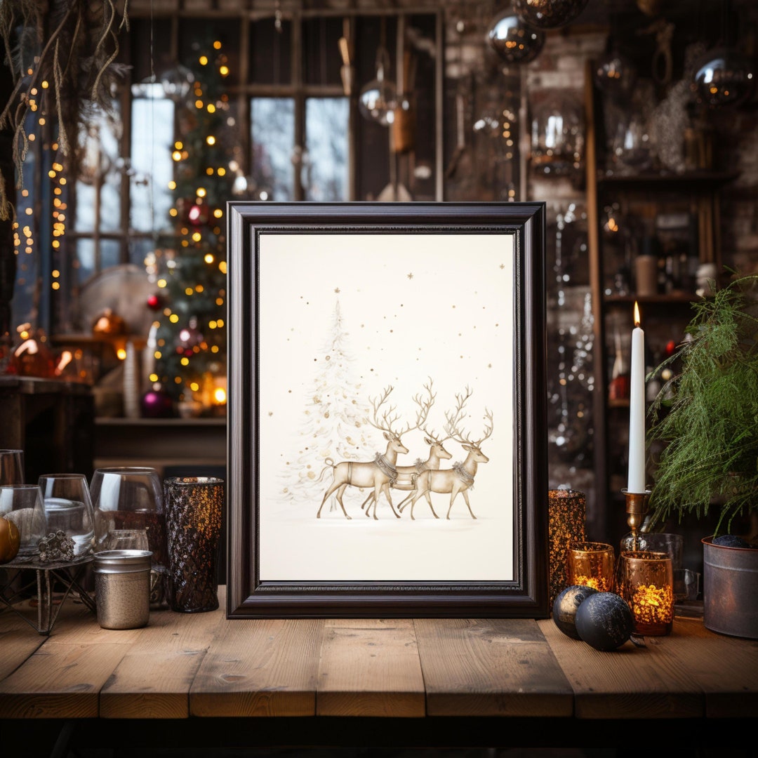 Holiday Charm, Gold Reindeer Art Print Vintage Christmas Decor Minimalist Reindeer, Christmas 