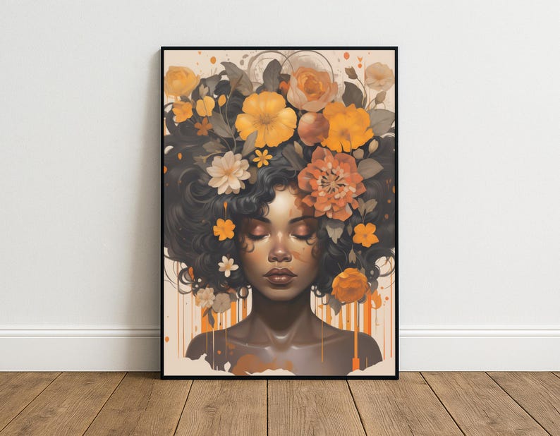 Zwarte vrouw hoofd bloemen kunst aan de muur/meisje bloemen poster/bloem vrouw poster/zwarte kunst/zwart meisje print/bloem vrouw schilderij/hoofd bloem decor afbeelding 18