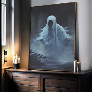 Spook in het bos, Halloween Art Print Spooky Ghost Wall Art, Ghost Wall Art, Halloween Art Print, Dark Academia, Haunting Ghost Wall Art