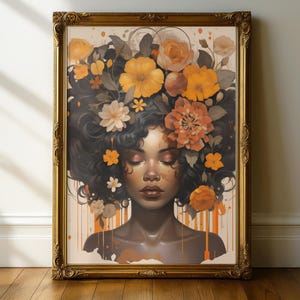 Zwarte vrouw hoofd bloemen kunst aan de muur/meisje bloemen poster/bloem vrouw poster/zwarte kunst/zwart meisje print/bloem vrouw schilderij/hoofd bloem decor afbeelding 4