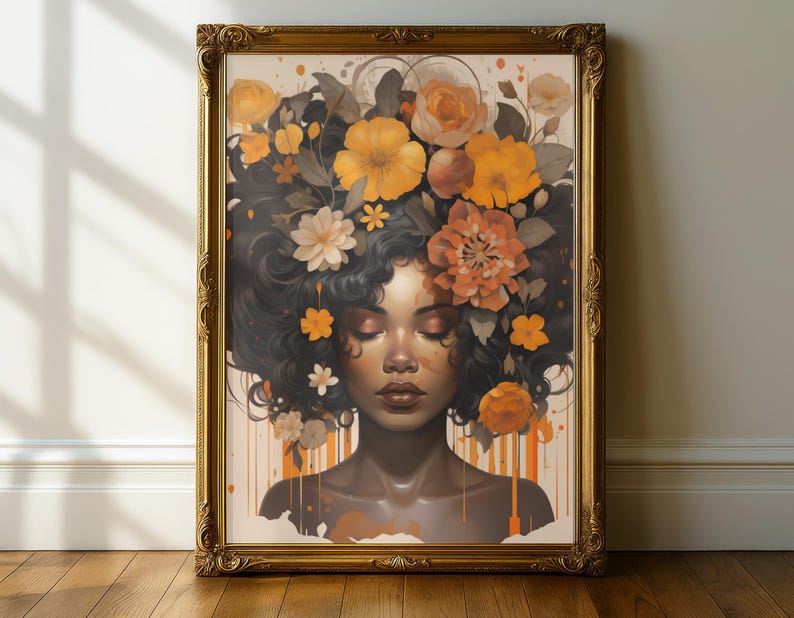 Zwarte vrouw hoofd bloemen kunst aan de muur/meisje bloemen poster/bloem vrouw poster/zwarte kunst/zwart meisje print/bloem vrouw schilderij/hoofd bloem decor afbeelding 4