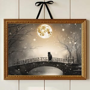 Afdrukbare muurkunst zwarte kat, donkere Cottagecore-print, humeurige kat kunst aan de muur, digitale download, kunst aan de muur Halloween kat, Winter Wonderland, kunst