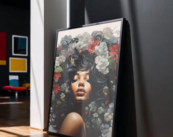 Arte mural con flores de mujer negra, arte afroamericano, decoración de paredes, decoración de dormitorios, arte mural moderno, arte floral, arte con cabezas de flores