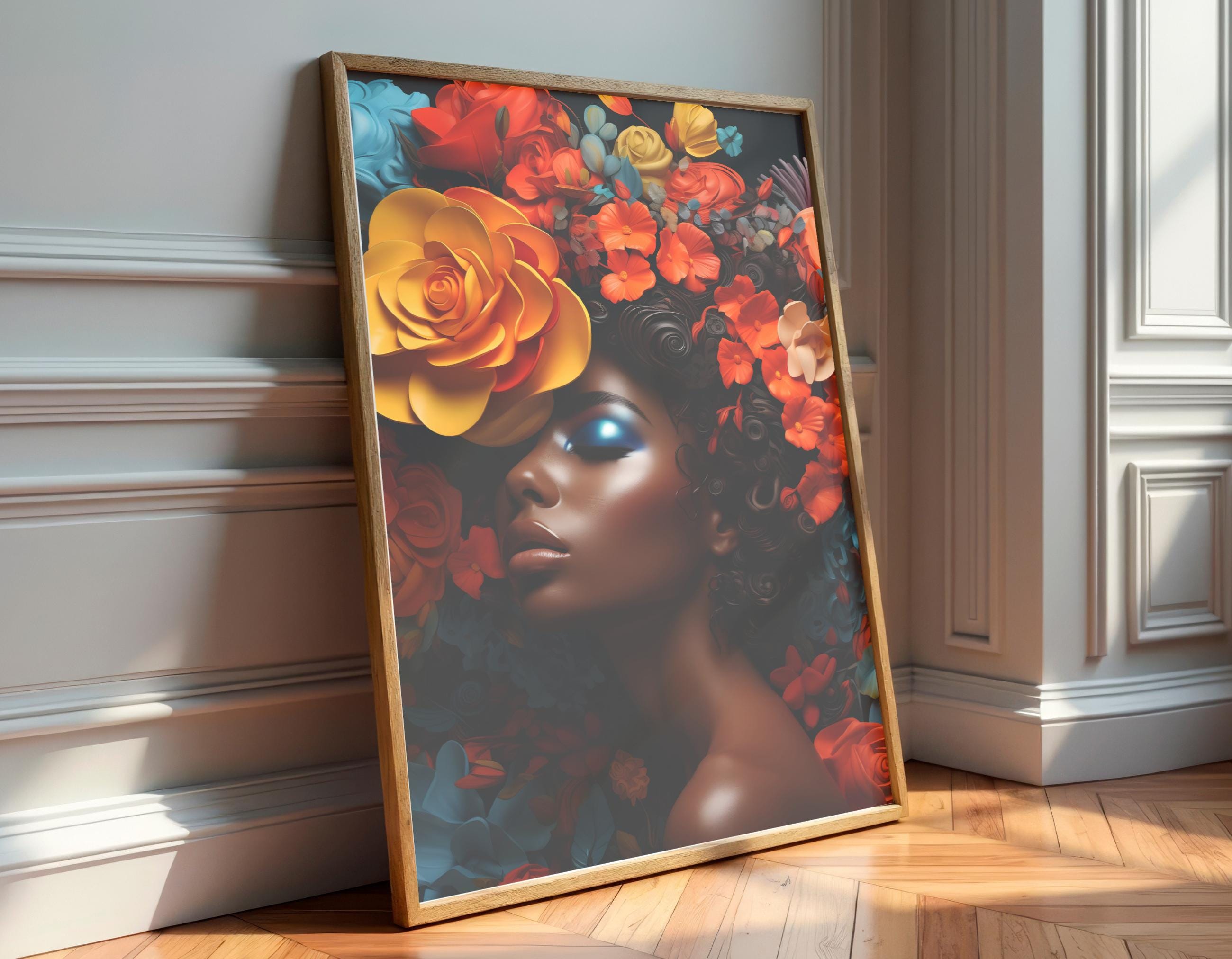 Black Queen Flower Hair Art, White Pink Rose Flower Girl Head Wall Art ...