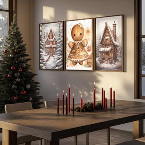Gingerbread House Print Set of 3, Christmas Printable Wall Art, Gingerbread Man Prints, Christmas Decoration Print, Gingerbread Woman Art