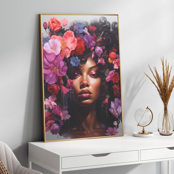 Black Woman Head Flowers Wall Art/Girl Flowers Poster/Flower Woman Poster/Black Art/Black Girl Print/Flower Woman Painting/Head Flower Decor