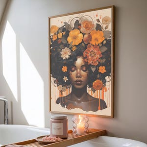 Zwarte vrouw hoofd bloemen kunst aan de muur/meisje bloemen poster/bloem vrouw poster/zwarte kunst/zwart meisje print/bloem vrouw schilderij/hoofd bloem decor afbeelding 10
