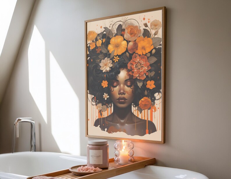 Zwarte vrouw hoofd bloemen kunst aan de muur/meisje bloemen poster/bloem vrouw poster/zwarte kunst/zwart meisje print/bloem vrouw schilderij/hoofd bloem decor afbeelding 10