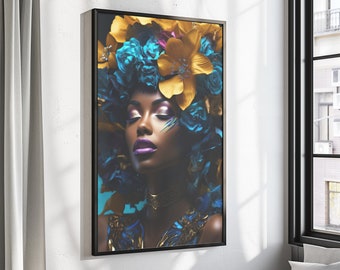 Póster de arte de chica negra, arte mural con flores y cabeza de mujer negra, arte negro, arte afro, arte mural afroamericano, arte de mujer negra, arte con flores y cabello.