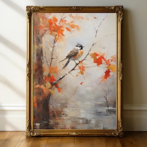 Fall Painting Wall Art, Digital Download, Rustic Fall Art, Bird Painting, Autumn Decor, Fall Printable Art, Fall Vintage Print, Sparrow Art