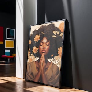 Praying Woman Floral Wall Art, Black Girl Print, African American Art, Coquette Room Decor, Black Woman Art, Natural Hair Art, Wildflowers