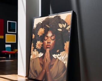 Puede incluir: Una pintura digital de una mujer con piel morena y cabello oscuro y rizado. Lleva una camisa marrón y tiene los ojos cerrados. Está rodeada de flores amarillas y hojas verdes.