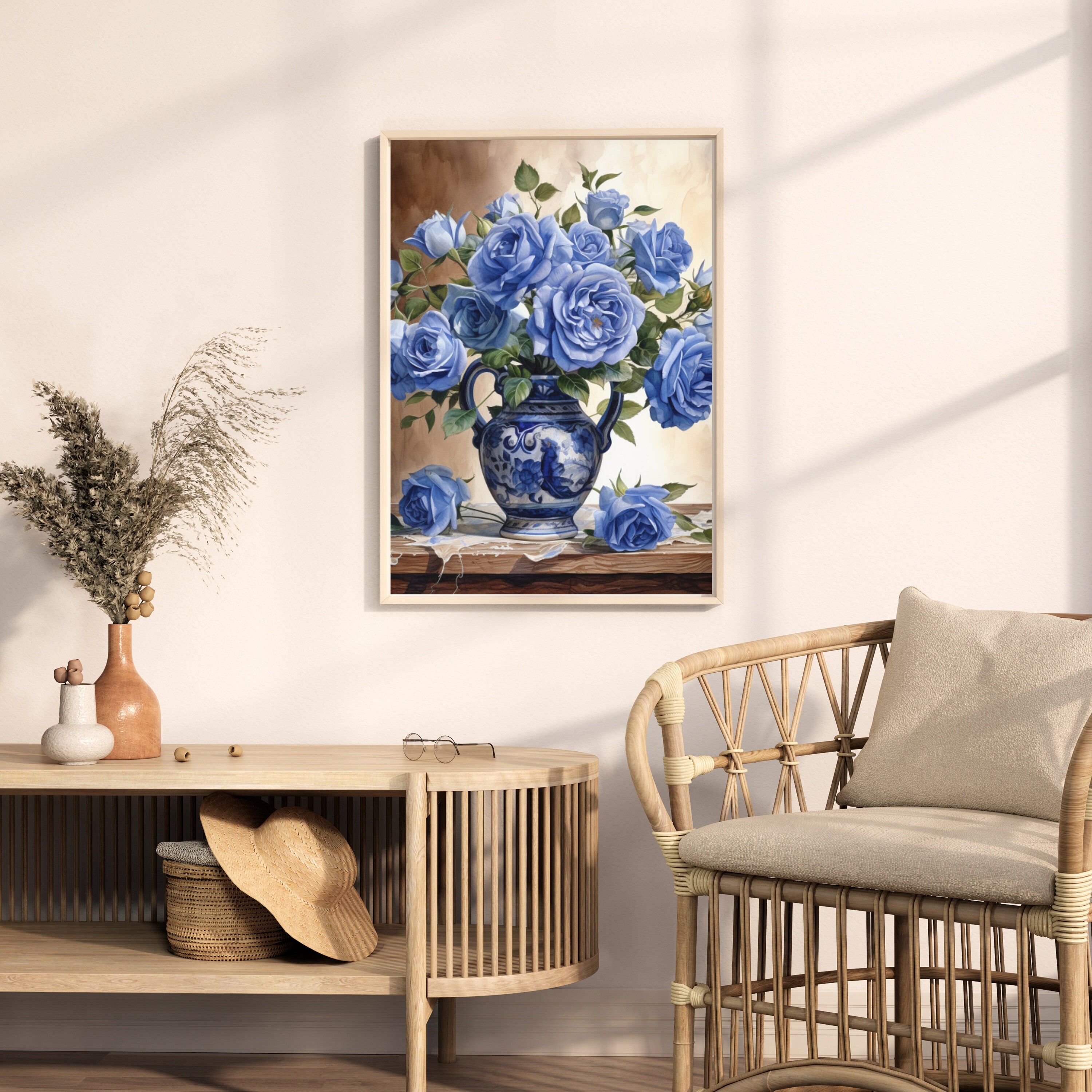 Vintage Blue Flower Vase Wall Art, Blue Flower Vase Wall Decor, Living